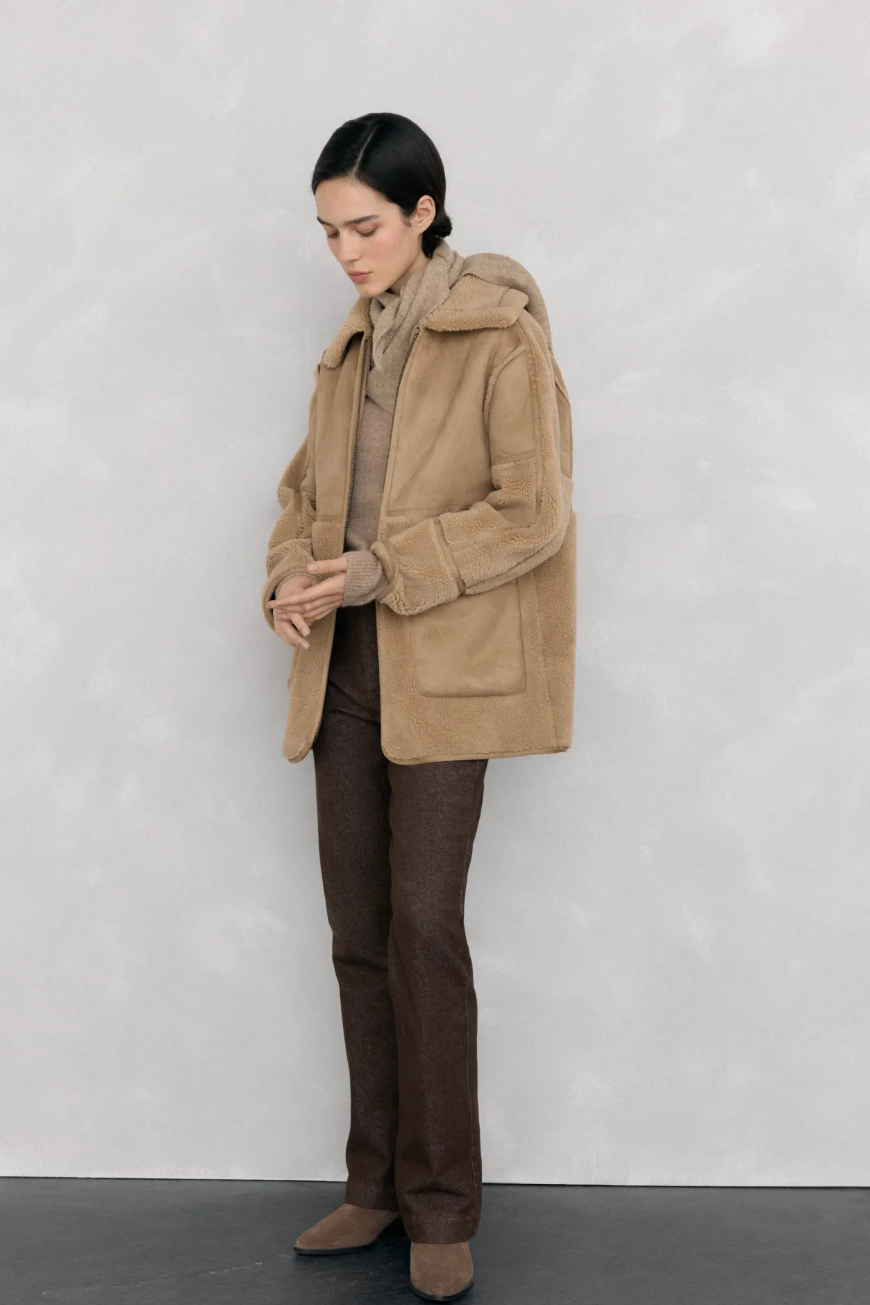 Pedro del Hierro Abrigo combinado texturas Beige New