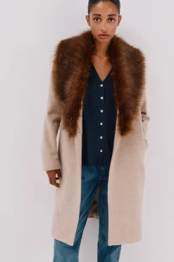 Cortefiel Abrigo con detalle efecto pelo Beige Discount