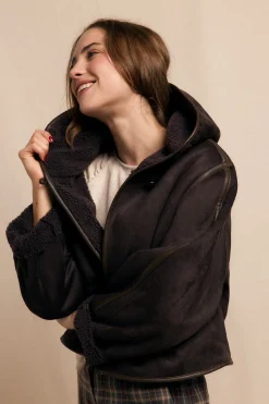 Slowlove Abrigo corto efecto doble faz capucha Marrón oscuro Discount