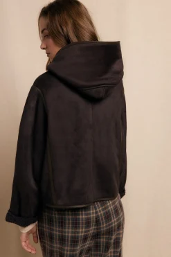 Slowlove Abrigo corto efecto doble faz capucha Marrón oscuro Discount