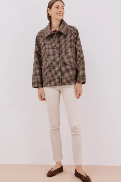 Cortefiel Abrigo corto tejido cuadros Marr&oacute;n Hot