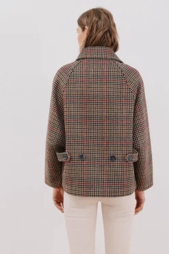 Cortefiel Abrigo corto tejido cuadros Marr&oacute;n Hot