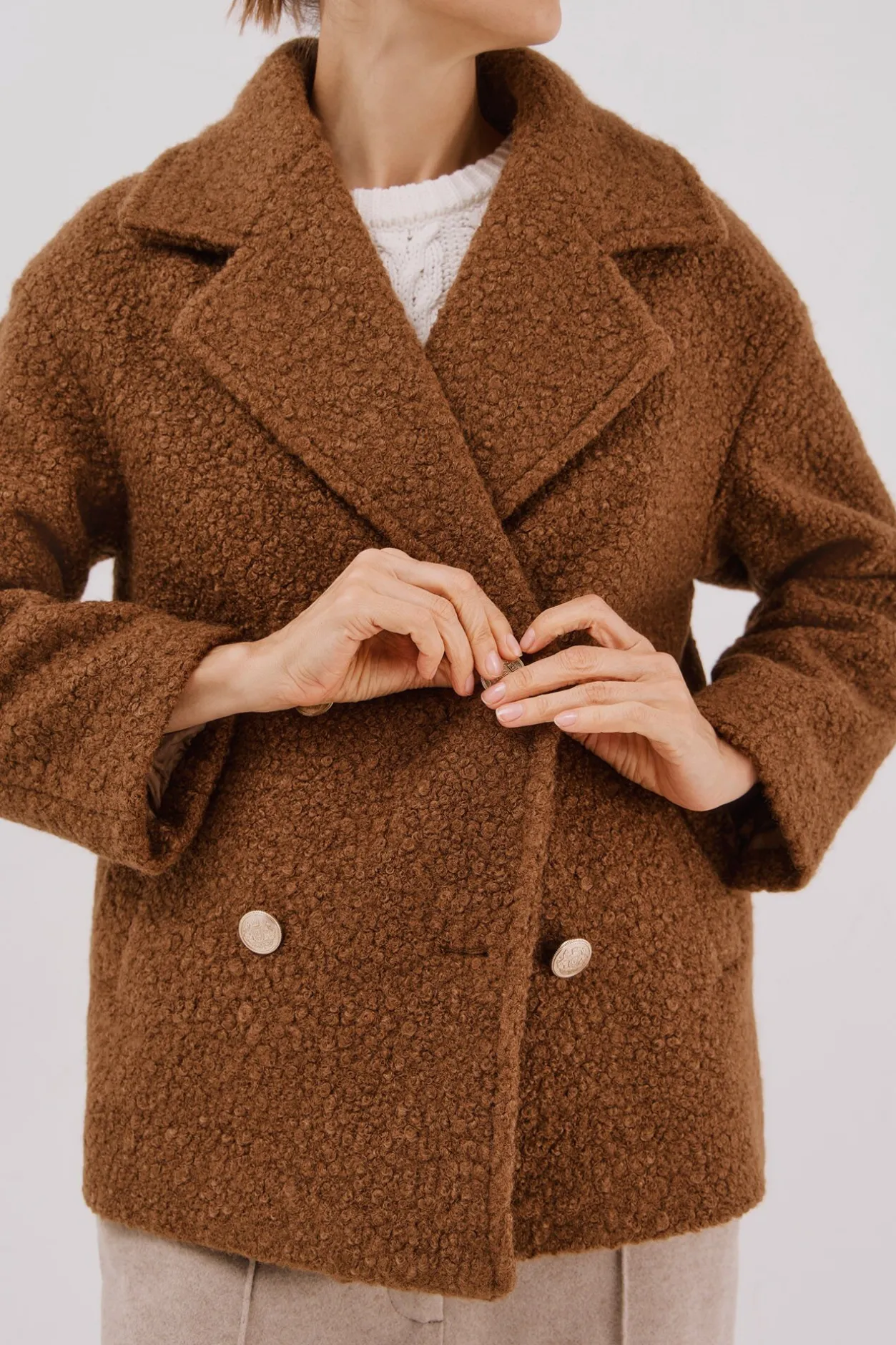 Cortefiel Abrigo corto tejido suave Marrón Sale