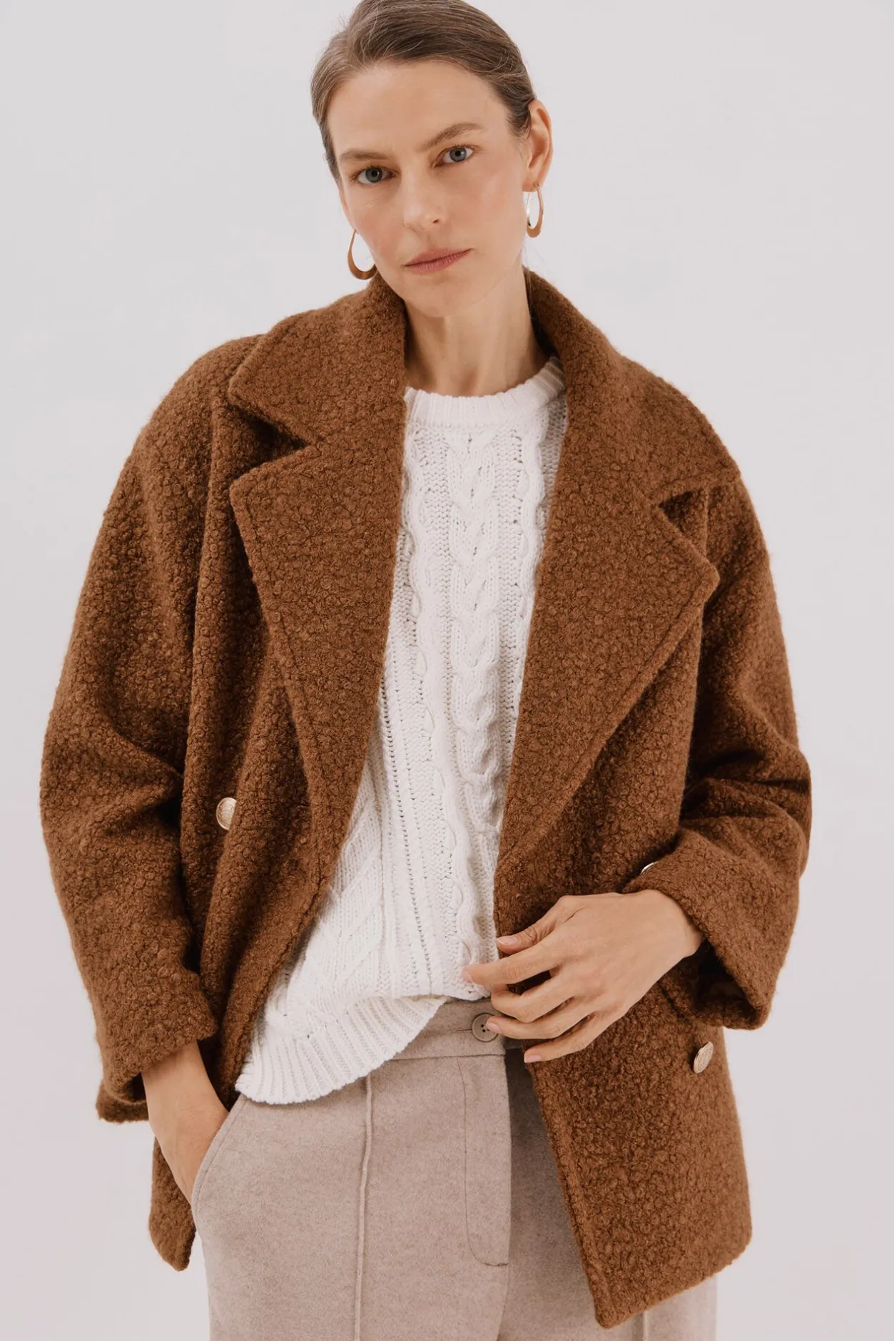 Cortefiel Abrigo corto tejido suave Marrón Sale