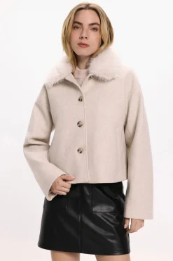 Vila Abrigo de paño con cuello de pelo sintético Beige Online