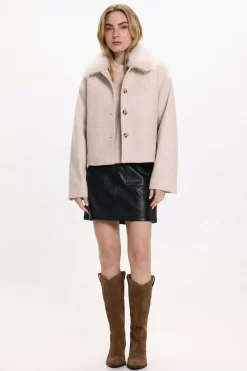 Vila Abrigo de paño con cuello de pelo sintético Beige Online