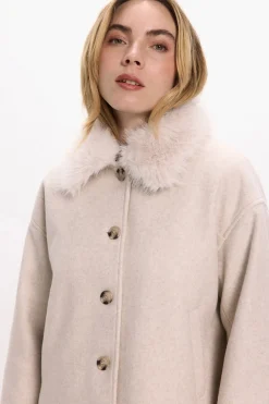 Vila Abrigo de paño con cuello de pelo sintético Beige Online