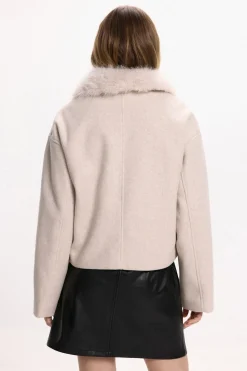 Vila Abrigo de paño con cuello de pelo sintético Beige Online