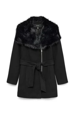 Vero Moda Abrigo de paño cuello de pelo Negro Outlet