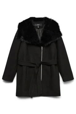 Vero Moda Curve Abrigo de paño cuello de pelo talla grande Negro Online