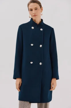 Cortefiel Abrigo doble cruce botón dorado Azul marino Discount
