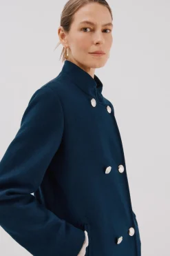 Cortefiel Abrigo doble cruce botón dorado Azul marino Discount