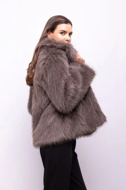 Object Abrigo efecto pelo con solapas Gris oscuro Discount