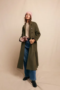 Slowlove Abrigo largo con doble botonadura Kaki