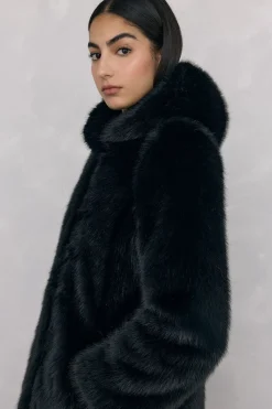 Pedro del Hierro Abrigo largo de efecto pelo Negro Sale