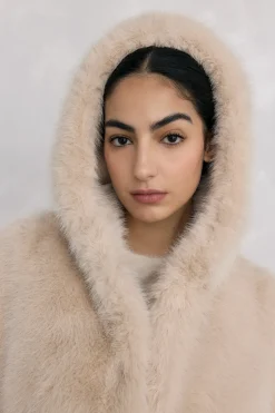 Pedro del Hierro Abrigo largo de efecto pelo Beige Sale