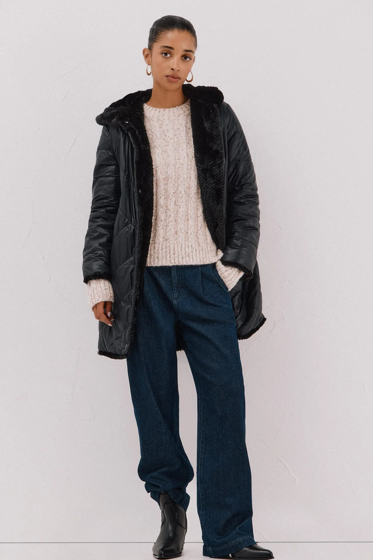 Cortefiel Abrigo largo reversible efecto pelo Negro Hot