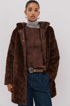 Cortefiel Abrigo largo reversible efecto pelo Marr&oacute;n oscuro Clearance