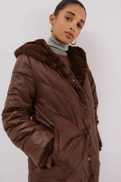 Cortefiel Abrigo largo reversible efecto pelo Marr&oacute;n oscuro Clearance