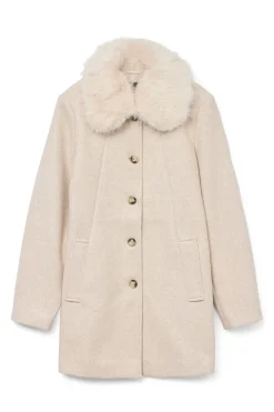Vero Moda Abrigo midi de paño cuello de pelo Beige Hot