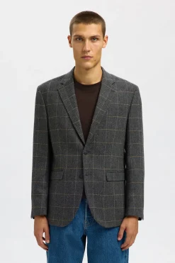 Selected Americana de lana cuadros Gris oscuro Sale