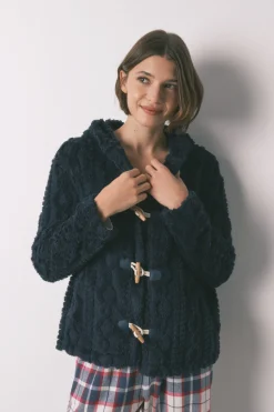 Women'secret Bata corta capucha polar suave azul Outlet