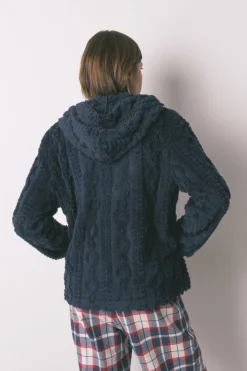 Women'secret Bata corta capucha polar suave azul Outlet