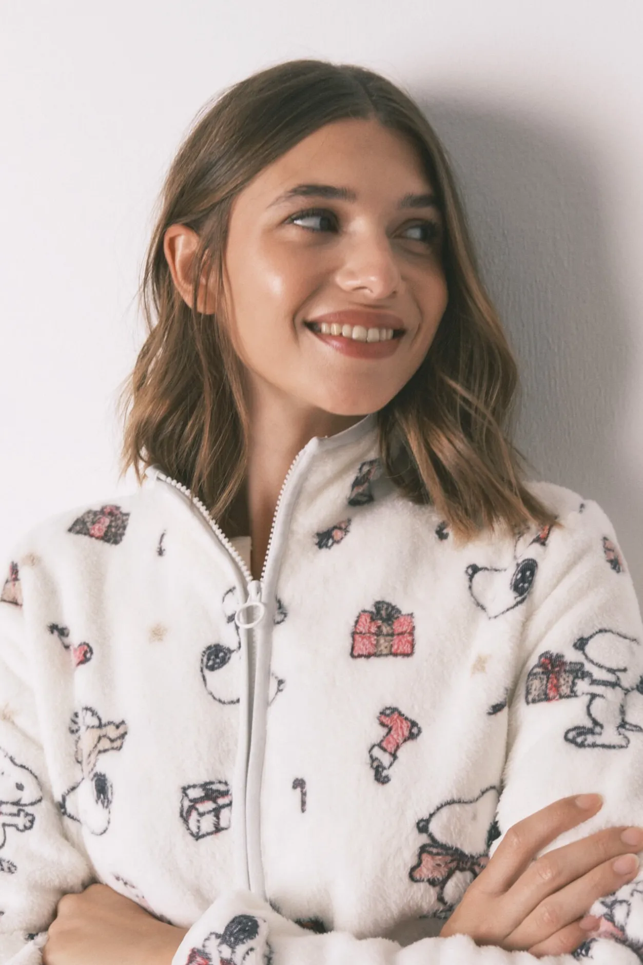 Women'secret Bata corta polar blanco estampado Snoopy marfil New