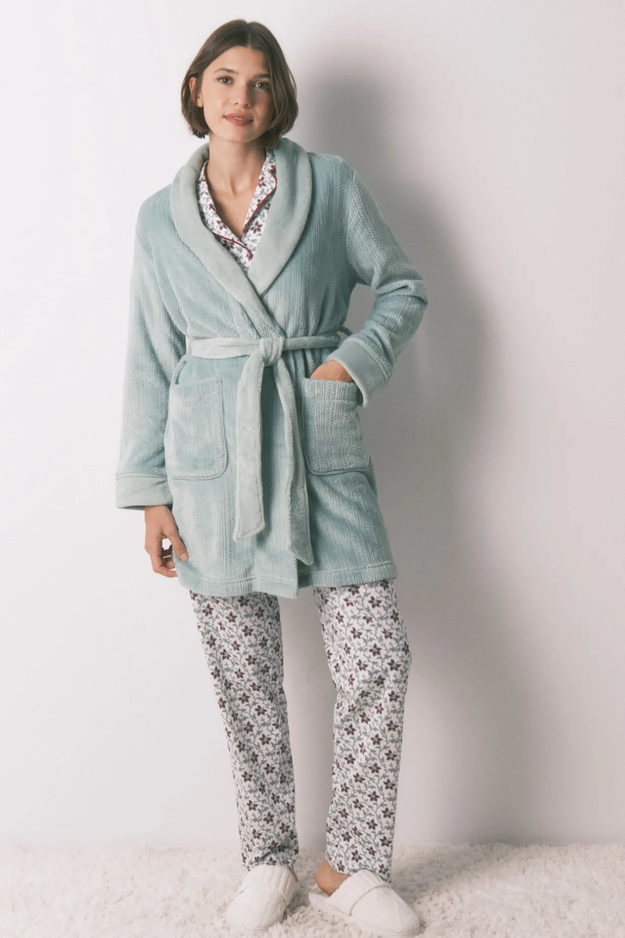 Women'secret Bata midi cruzada tejido polar azul Outlet