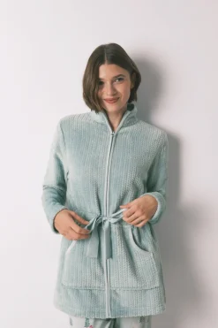 Women'secret Bata midi tejido polar verde Outlet