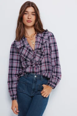 Springfield Blusa cuadros volante azul New