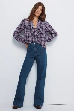 Springfield Blusa cuadros volante azul New