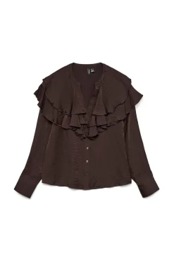 Vero Moda Blusa cuello de volantes Marr&oacute;n oscuro Online