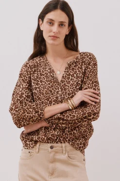 Cortefiel Blusa cuello redondo Estampado marr&oacute;n Discount