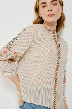 Vila Blusa de algodón con bordados étnicos Estampado beige Hot