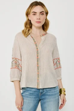 Vila Blusa de algodón con bordados étnicos Estampado beige Hot