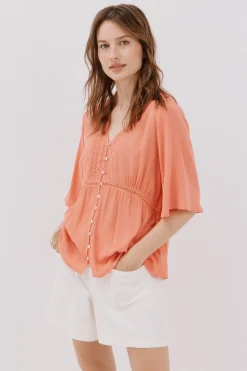 Cortefiel Blusa encaje volantes Coral Clearance