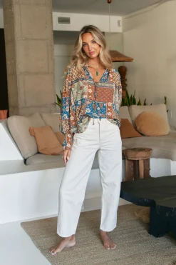 Jaase Blusa marfa estampado Izabelle Estampado marr&oacute;n