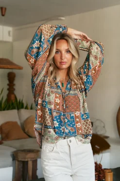 Jaase Blusa marfa estampado Izabelle Estampado marr&oacute;n