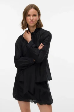 Vero Moda Blusa mujer de manga larga con lazo en el cuello Negro