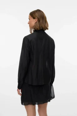 Vero Moda Blusa mujer de manga larga con lazo en el cuello Negro
