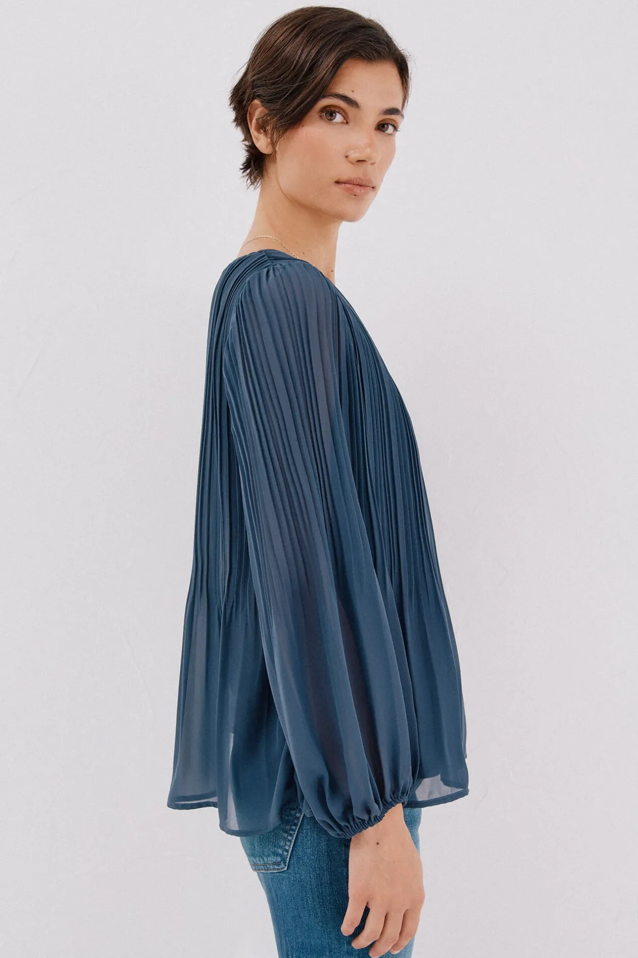 Cortefiel Blusa plisada Azul oscuro Outlet