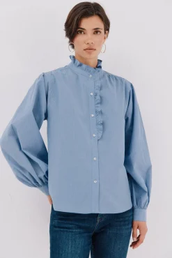 Cortefiel Blusa rayas cuello volantes Azul Hot