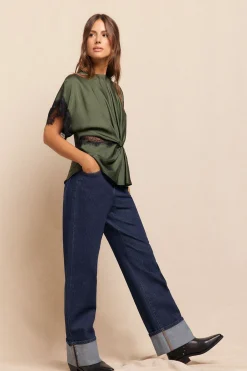 Slowlove Blusa satinada encajes Verde oscuro Sale