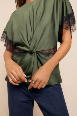 Slowlove Blusa satinada encajes Verde oscuro Sale