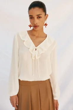 Cortefiel Blusa volantes Blanco Clearance