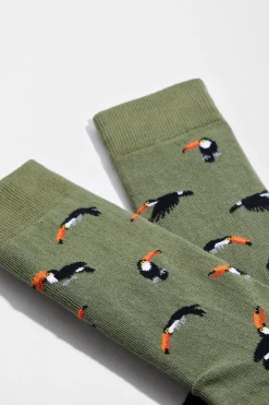 Besocks Calcetines altos de tucanes de algodón orgánico color verde kaki marfil Online