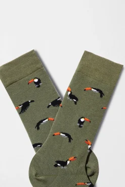 Besocks Calcetines altos de tucanes de algodón orgánico color verde kaki marfil Online