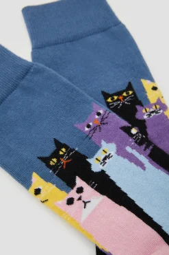 Besocks Calcetines altos de gatos de algodón orgánico color azul Sale