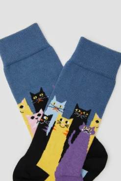 Besocks Calcetines altos de gatos de algodón orgánico color azul Sale